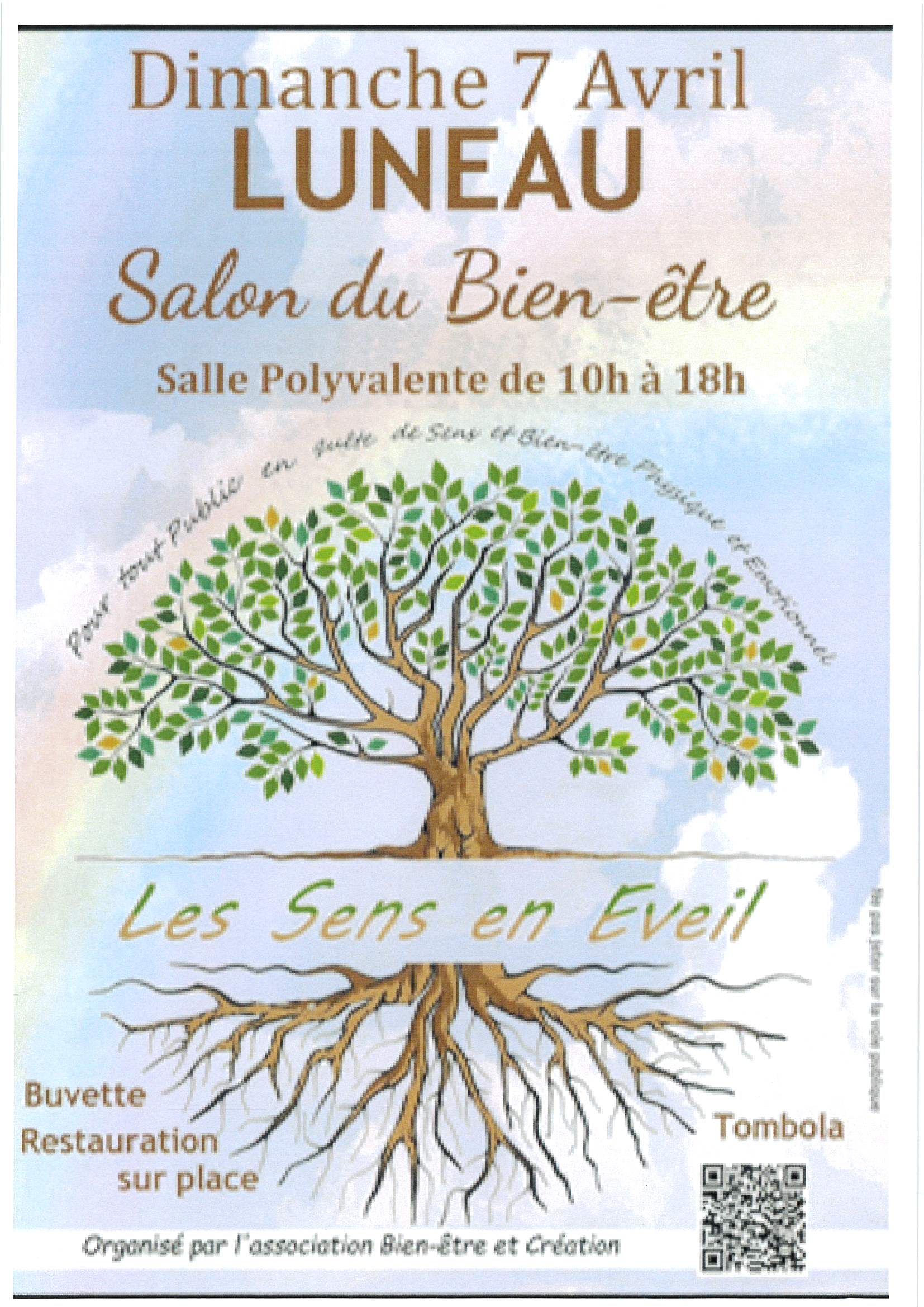 L'association 'Bien être et Création' organise un salon du Bien-être dimanche 7 avril 2024 à la salle polyvalente de Luneau de 10h à 18h.